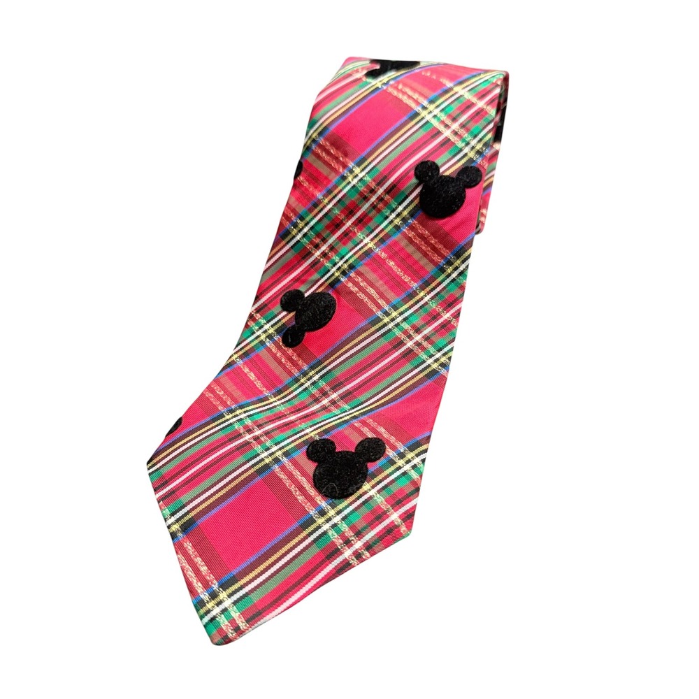 The Disney Catalog Mens Mickey Mouse Red Plaid Holiday Necktie Christmas Silk